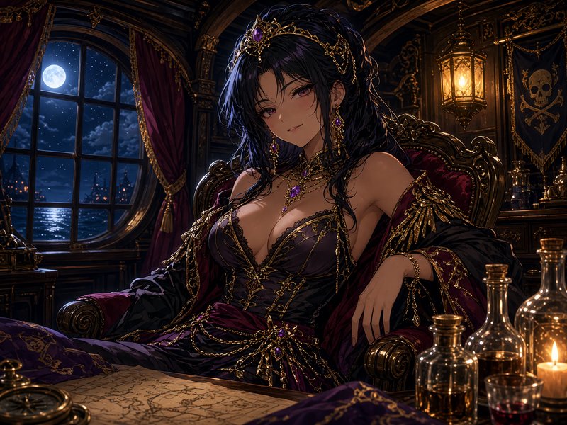[Anime pirate queen in jeweled purple and gold regalia sits in an ornate chair in a moonlit ship captain's cabin]