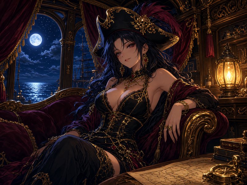 [Regal female pirate captain reclines in an ornate gilded ship cabin, full moon glowing over the ocean through cabin windows]