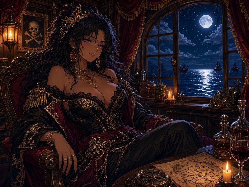 [Regal anime pirate queen sits in an ornate ship captain's cabin overlooking a moonlit ocean and her fleet at night.]
