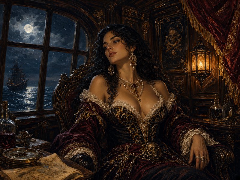 Regal female pirate captain seated in ornate galleon cabin, moonlit ocean and distant ship visibl...