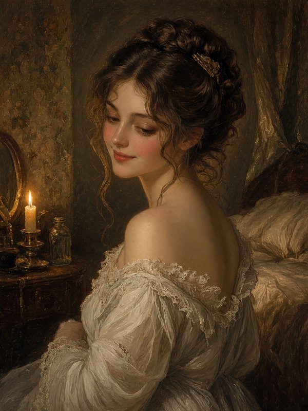 Classical oil portrait of a Regency era woman in a lace gown, lit by warm candlelight in a vintag...