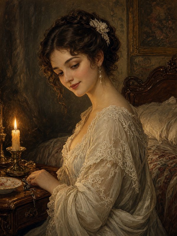 Classical oil painting of elegant Regency woman in lace gown, seated at a vanity lit by a burning candle in a vintage
