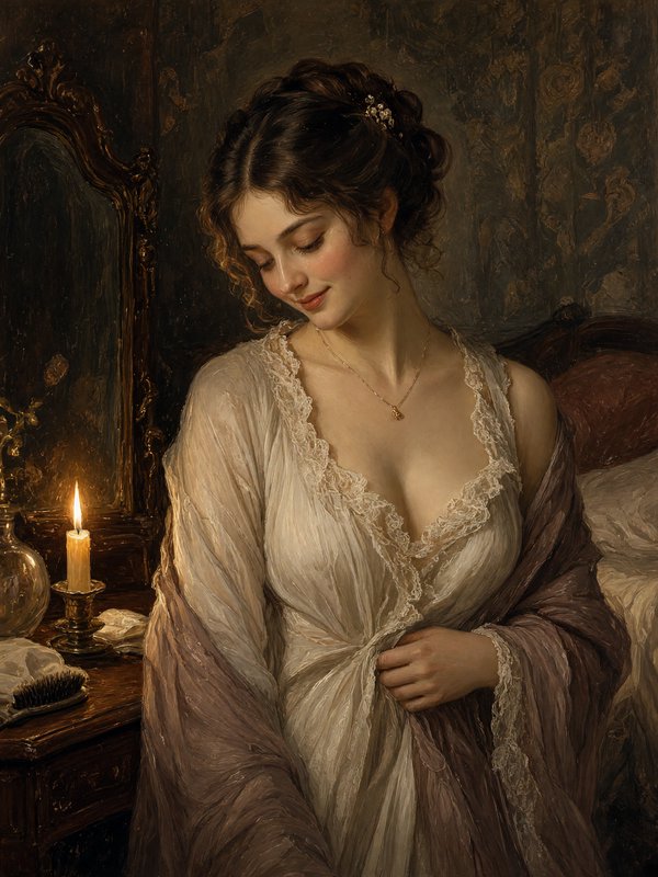 Oil portrait of a gentle Regency era woman in lace loungewear, lit by candlelight next to a vintage bedroom vanity