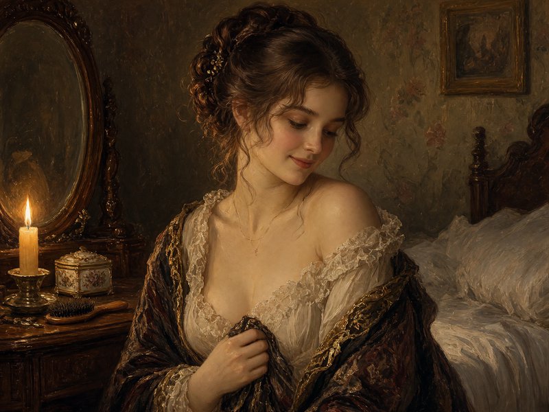 Oil painting of a soft smiling Regency woman seated at a candlelit vintage bedroom vanity