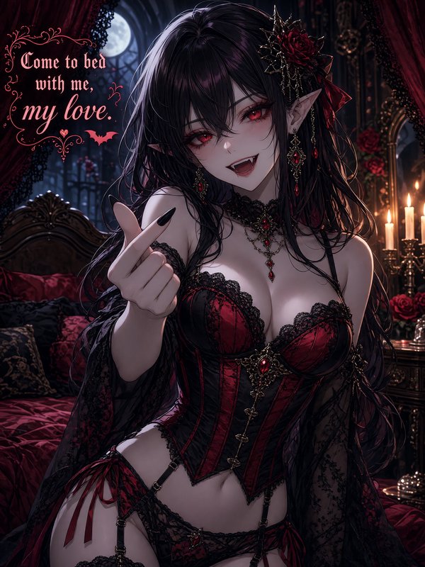 Anime vampire woman with glowing red eyes gestures toward the viewer from a candlelit moonlit got...