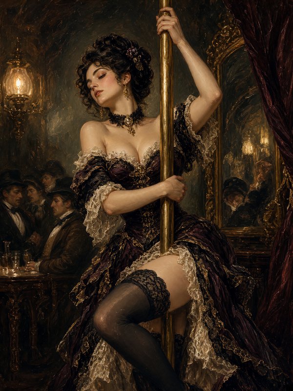 Oil painting of Victorian cabaret performer in lace period gown holding a golden stage pole in a ...