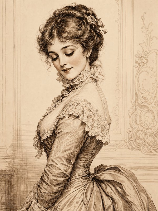 Sepia pencil sketch of an elegant Victorian woman in a lace-trimmed gown, soft downward gaze, flo...