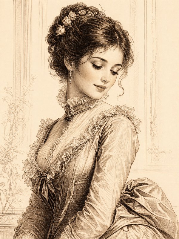 Sepia pencil portrait of an elegant Regency era woman in a lace-trimmed gown, rose-studded updo, gazing softly downward