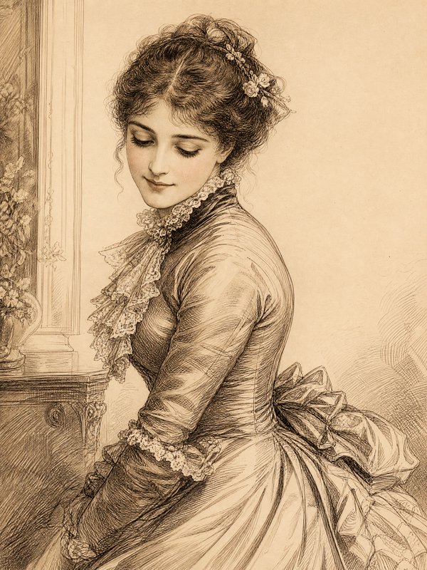Sepia pencil portrait of an elegant Victorian woman in a lace-trimmed gown, gazing downward with a soft gentle smile.