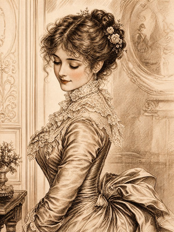 Sepia pencil sketch portrait of an elegant Victorian woman in a lace gown, curled updo with rose accessories, soft