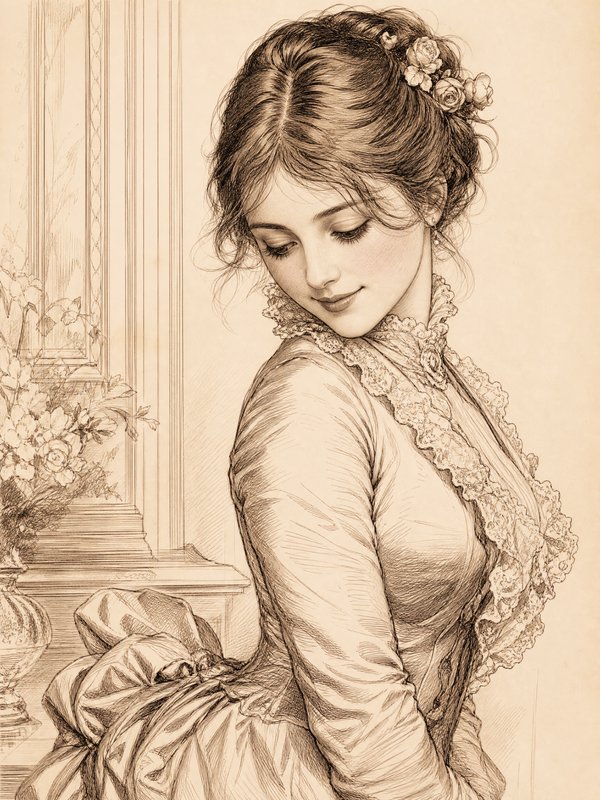 Sepia pencil sketch of a demure Victorian woman in a lace-trimmed gown, rose hair accents, gazing gently downward over