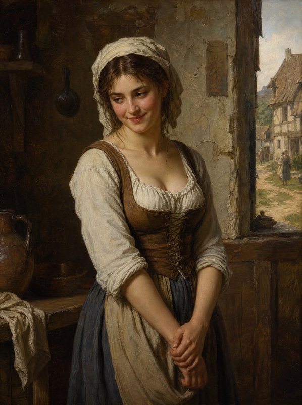 Realist oil portrait of a smiling young peasant woman in period dress, standing by a cottage window with a village view