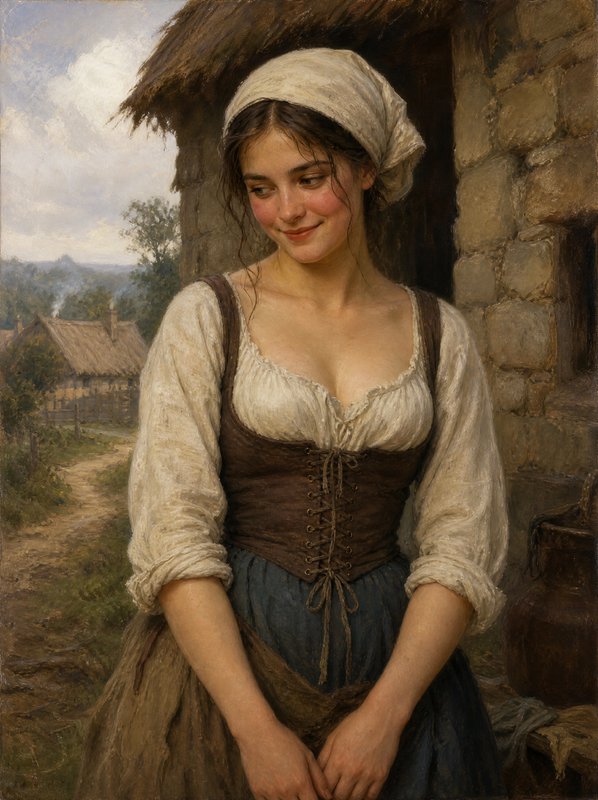 Realist oil portrait of a smiling young peasant woman in period dress standing outside a stone thatched cottage, rural