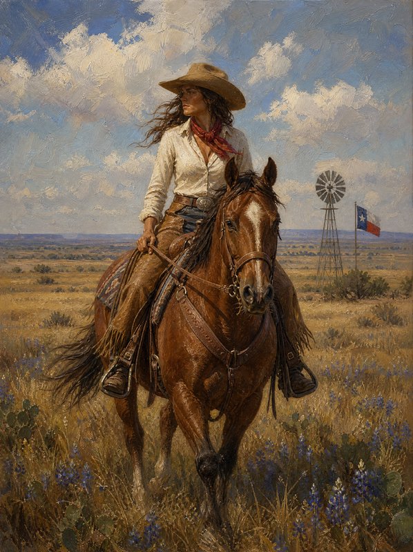Textured oil painting of a cowgirl riding a chestnut horse across a sunlit Texas prairie, windmil...