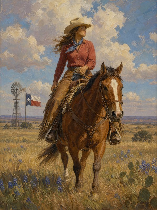 Impressionistic oil painting of a cowgirl riding a chestnut horse across a sunlit Texas prairie, ...