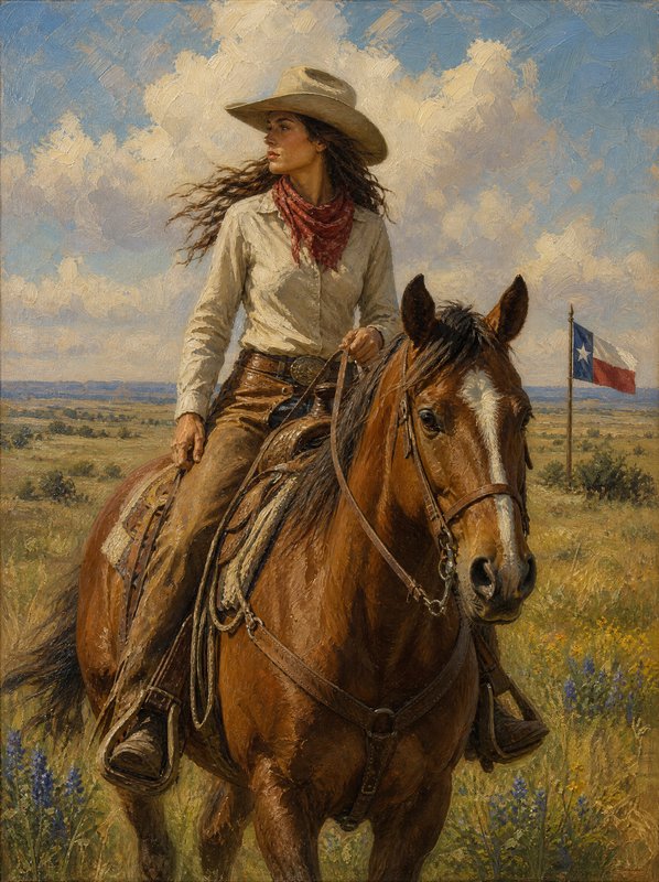 Impressionist oil painting of a confident cowgirl riding a chestnut horse across a sunlit Texas p...
