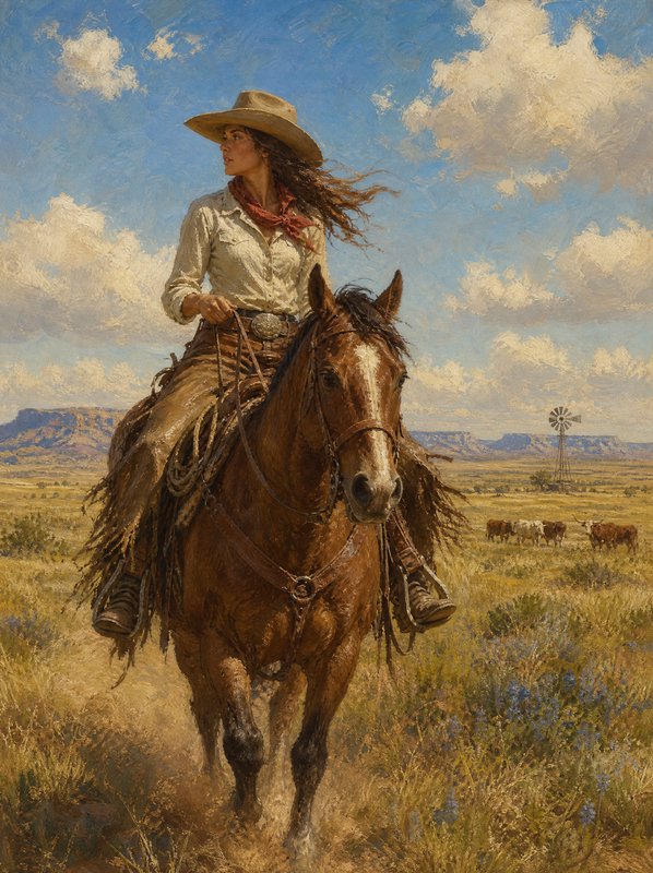 Impressionist oil painting of a cowgirl riding a chestnut horse across a sunlit western grassland...