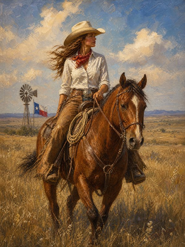 Impressionist oil painting of a cowgirl riding a chestnut horse across a sunlit Texas prairie, wi...