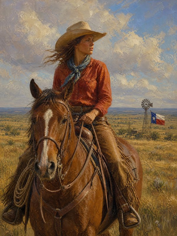 Western oil painting of a female cowgirl riding a chestnut horse across a sunlit Texas prairie