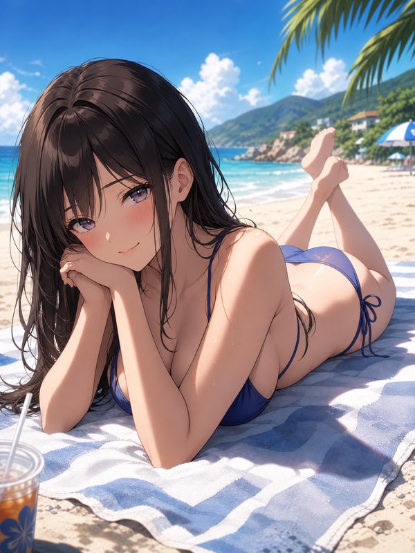 Anime young woman in a blue bikini relaxes on a beach towel on a bright sunny tropical shore