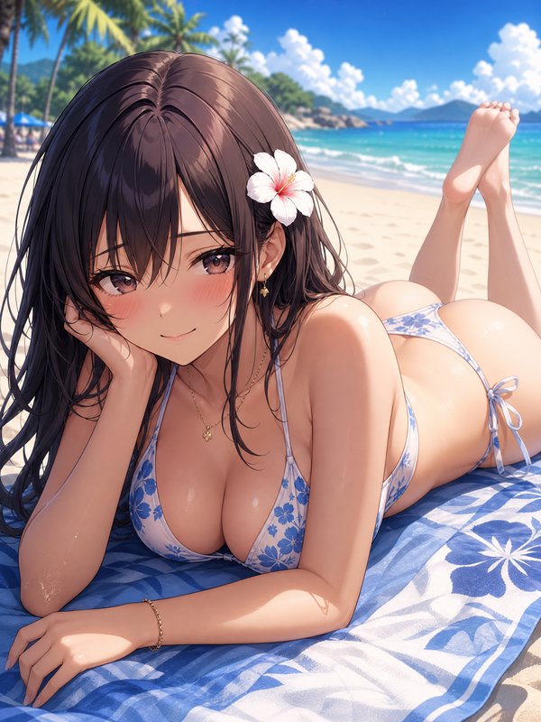 Anime girl with hibiscus in her hair lounges on a beach towel, smiling softly on a sunny tropical...