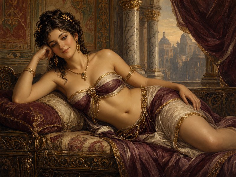 Oil painting of elegant curly-haired classical woman reclining on an ornate gilded chaise in a pa...