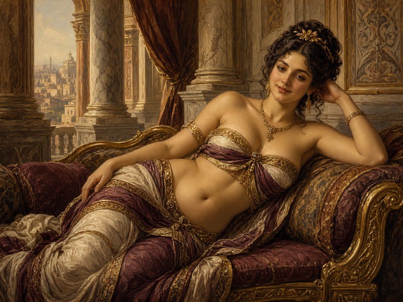 Rococo oil painting of a graceful reclining noblewoman resting on an ornate gilded couch in a cla...