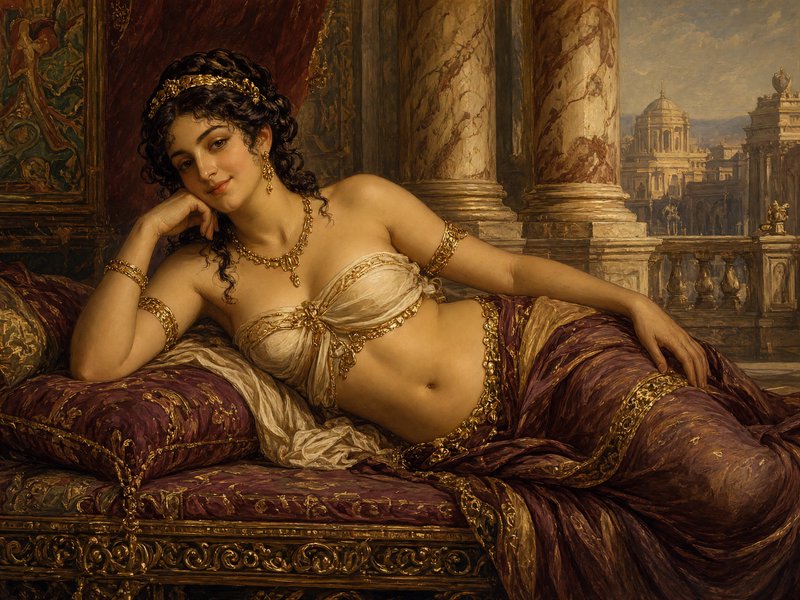 Neoclassical oil painting of a reclining noblewoman in gold jewelry resting on an ornate couch ov...