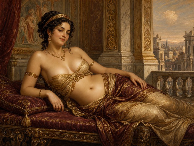 Classical oil painting of a reclining regal woman in gilded attire resting on an ornate palace co...