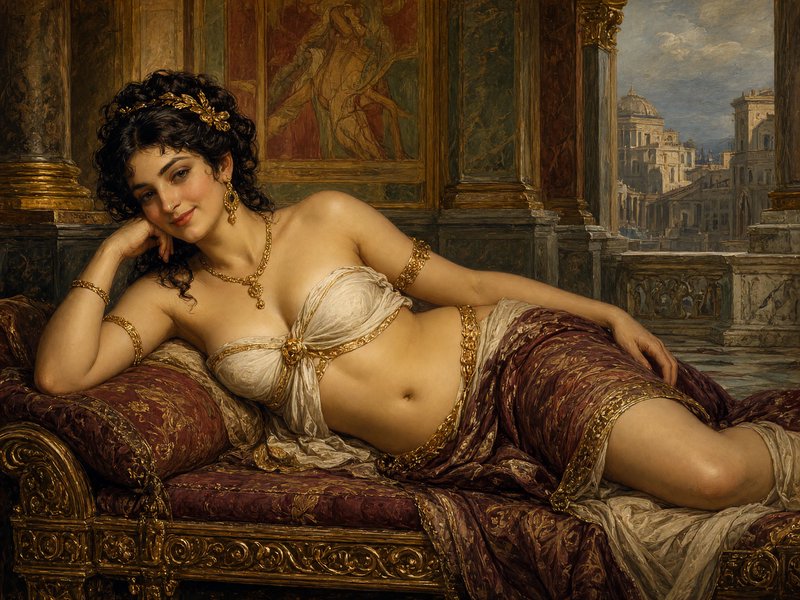 Neoclassical oil painting of a reclining Greco-Roman woman in gold jewelry resting on an ornate g...