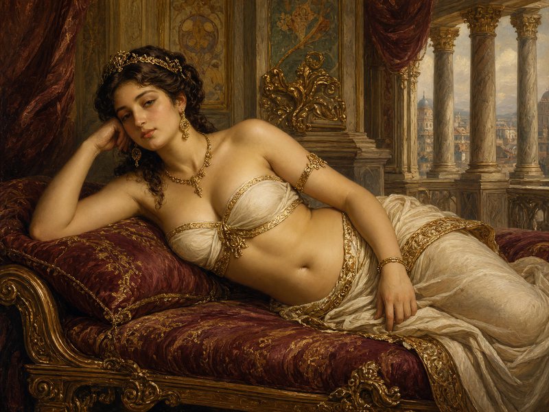 Neoclassical oil painting of a reclining gilded noble odalisque resting on an ornate burgundy vel...