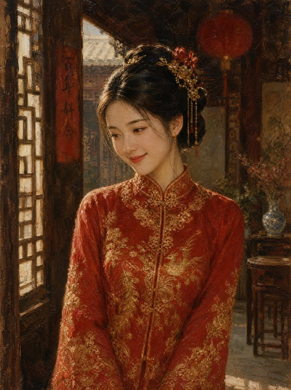 Oil portrait of a young bride in ornate red embroidered traditional Chinese wedding dress, standi...