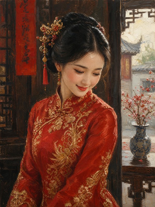 Impasto oil portrait of a graceful young Chinese woman in an ornate red embroidered traditional d...