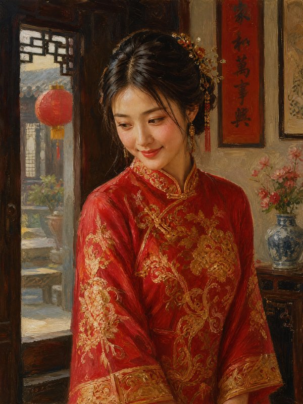 Impressionist oil portrait of graceful young Chinese woman in red gold-embroidered qipao, soft sm...