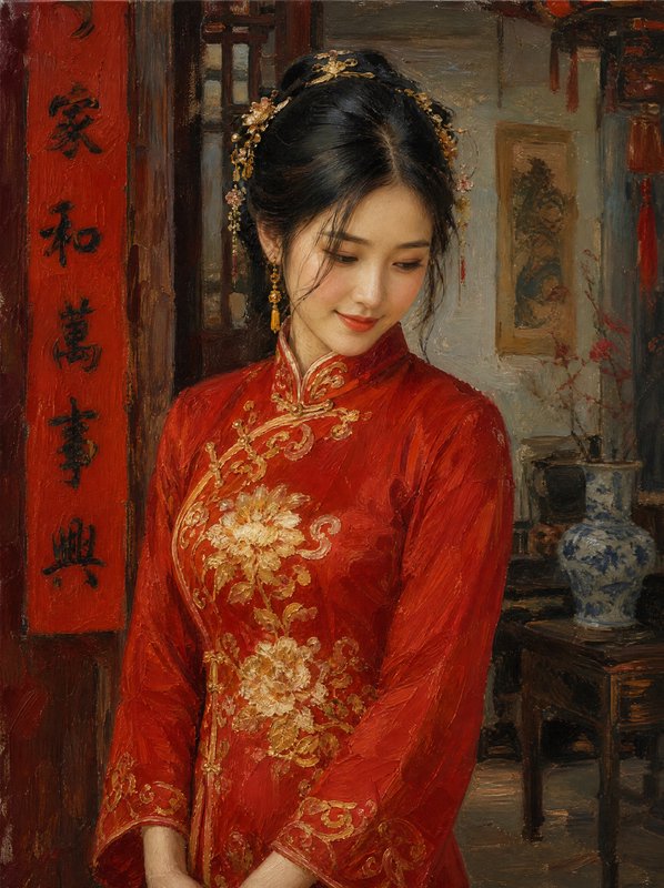 Impressionist oil portrait of a young Chinese woman in an ornate red embroidered qipao, set in a ...
