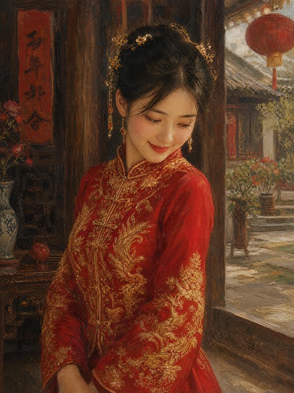 Impressionist oil portrait of a soft-smiling young Chinese bride in ornate red and gold tradition...