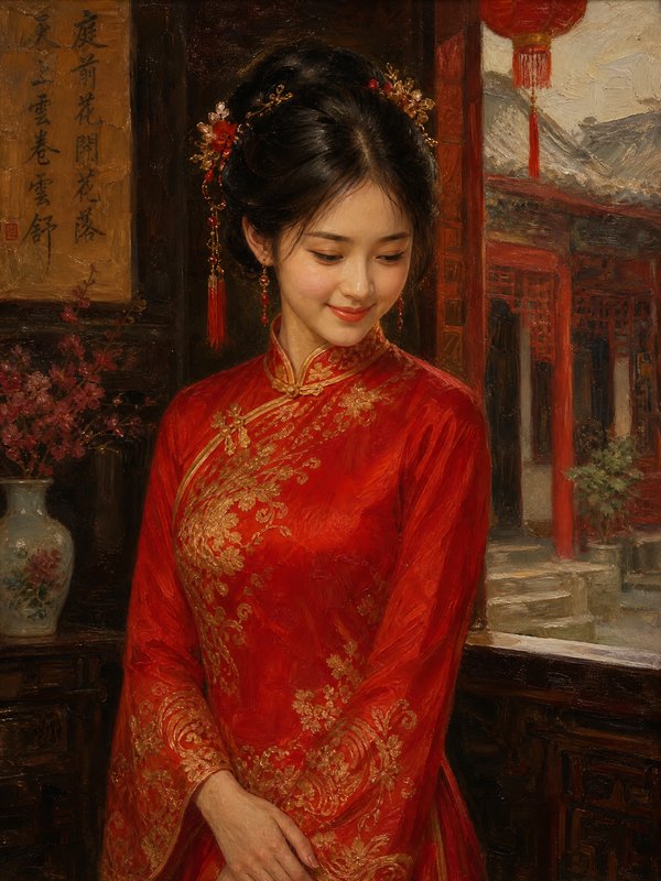 Oil portrait of a graceful young Chinese woman in an ornate red embroidered qipao, smiling softly...