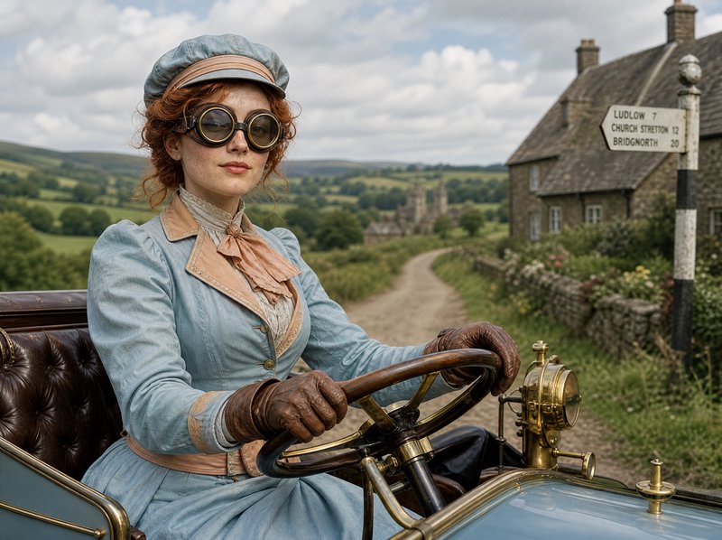 Edwardian woman in motoring goggles sits at the wheel of a vintage car on a rural English country...