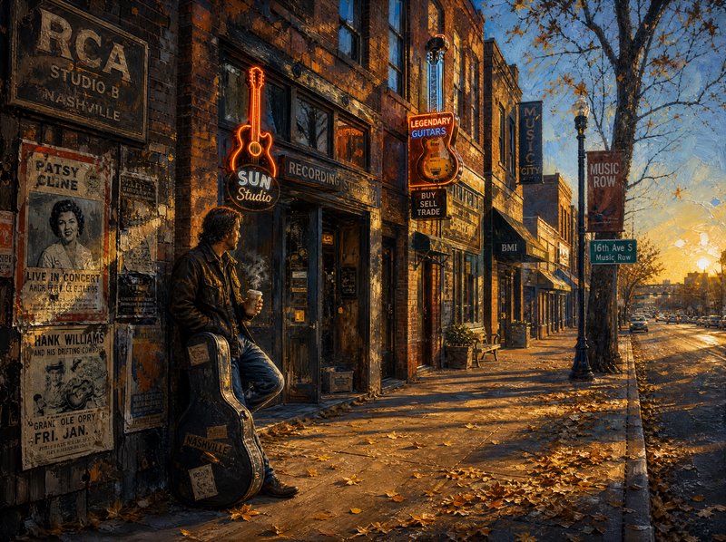 Musician with guitar case leans against historic Nashville Music Row storefronts at golden autumn...
