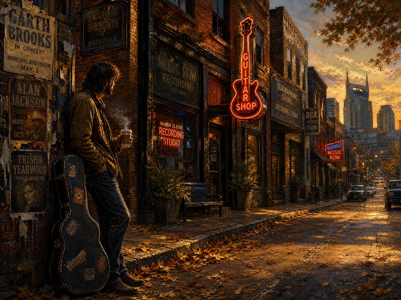 Lone musician with guitar case holds coffee leaning on historic Nashville Music Row storefront at...