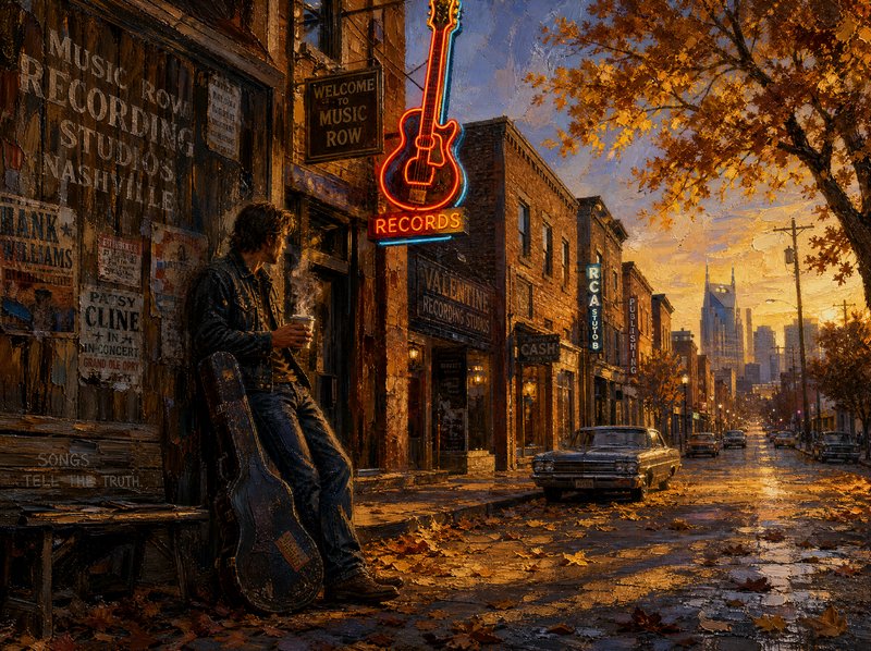Impressionist painting of a musician with guitar case leaning on Nashville Music Row at golden au...