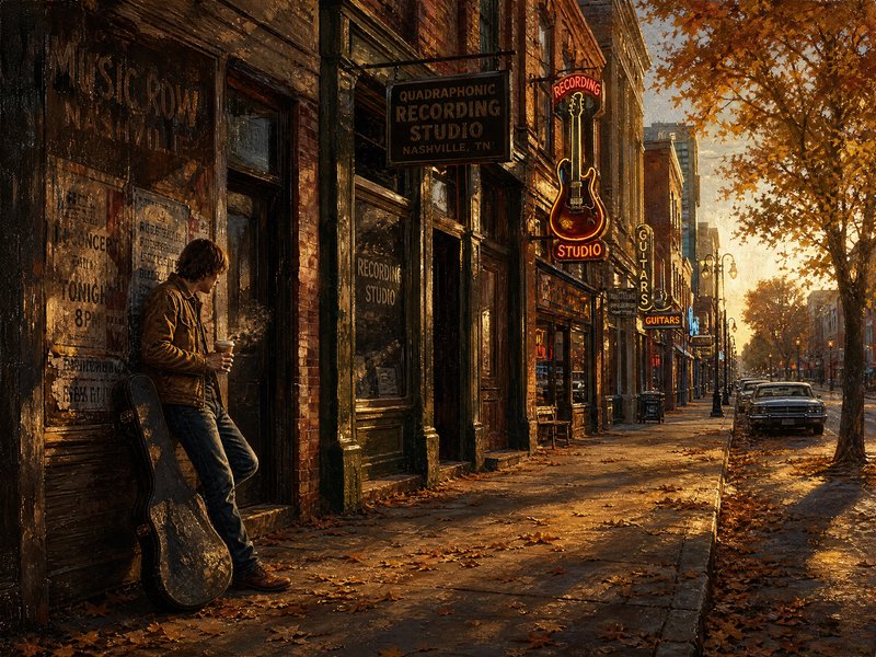 Young musician with a guitar case holds coffee outside Nashville Music Row studios on a sunlit au...