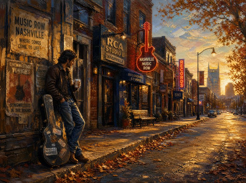 Impressionist painting of a musician with guitar case leaning on Nashville Music Row sidewalk at ...
