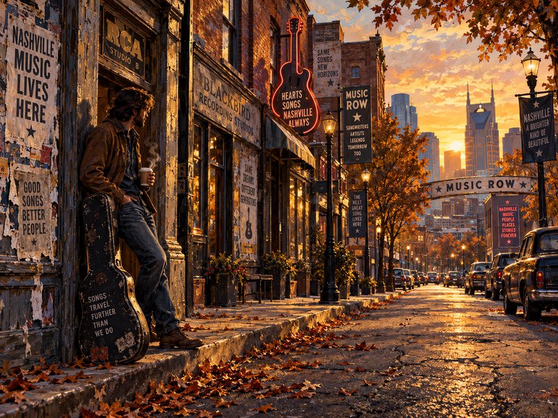 Musician leaning on a worn guitar case holds coffee on Nashville's Music Row at golden autumn sun...
