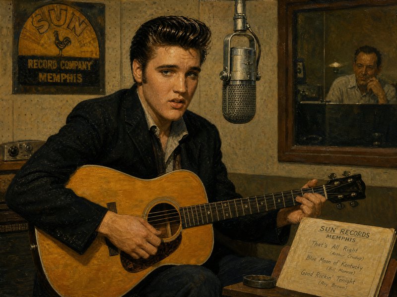 Oil painting of young Elvis Presley playing acoustic guitar during a 1950s recording session at S...