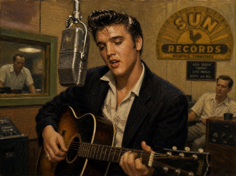Oil painting of young Elvis Presley playing guitar and singing during a recording session at Sun ...