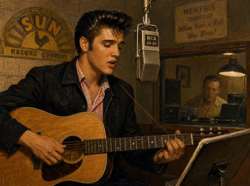 Oil painting of young Elvis Presley playing guitar while recording at historic Sun Records Memphi...