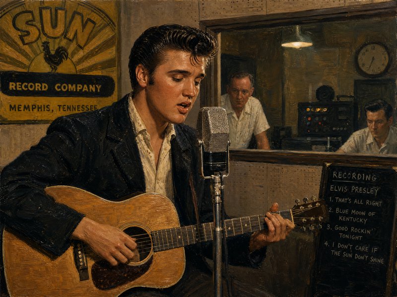 Oil painting of young Elvis Presley playing guitar while recording at Sun Record Company's Memphi...