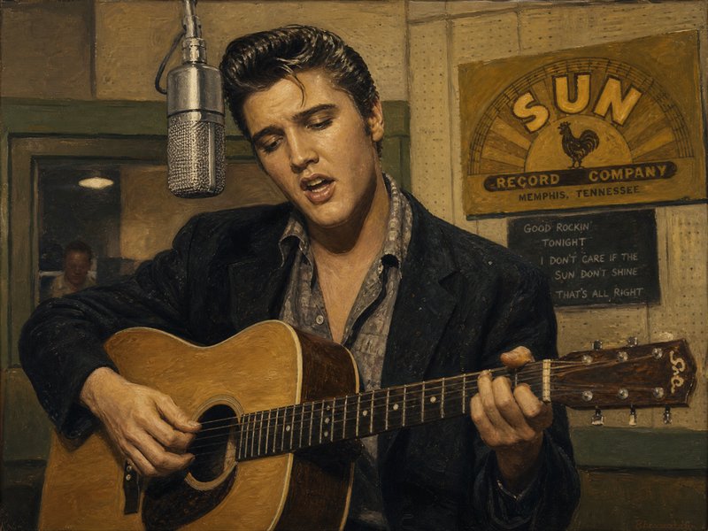 Textured oil painting of young Elvis Presley singing and playing acoustic guitar in Sun Records s...