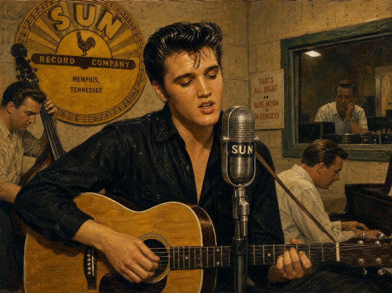 Oil painting of young Elvis Presley playing guitar during a 1950s recording session at Sun Record...